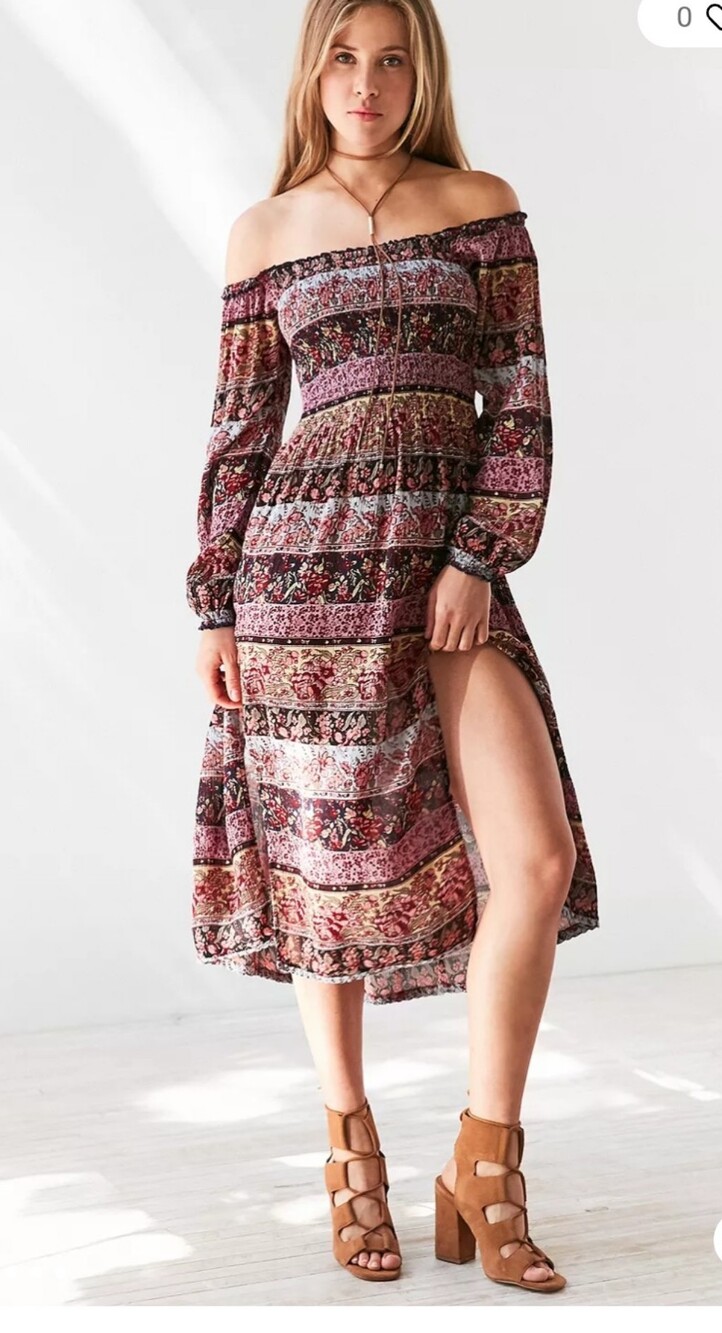 Kimchi Blue Off-Shoulder Midi Dress in Burgundy and Tan Multi-Print